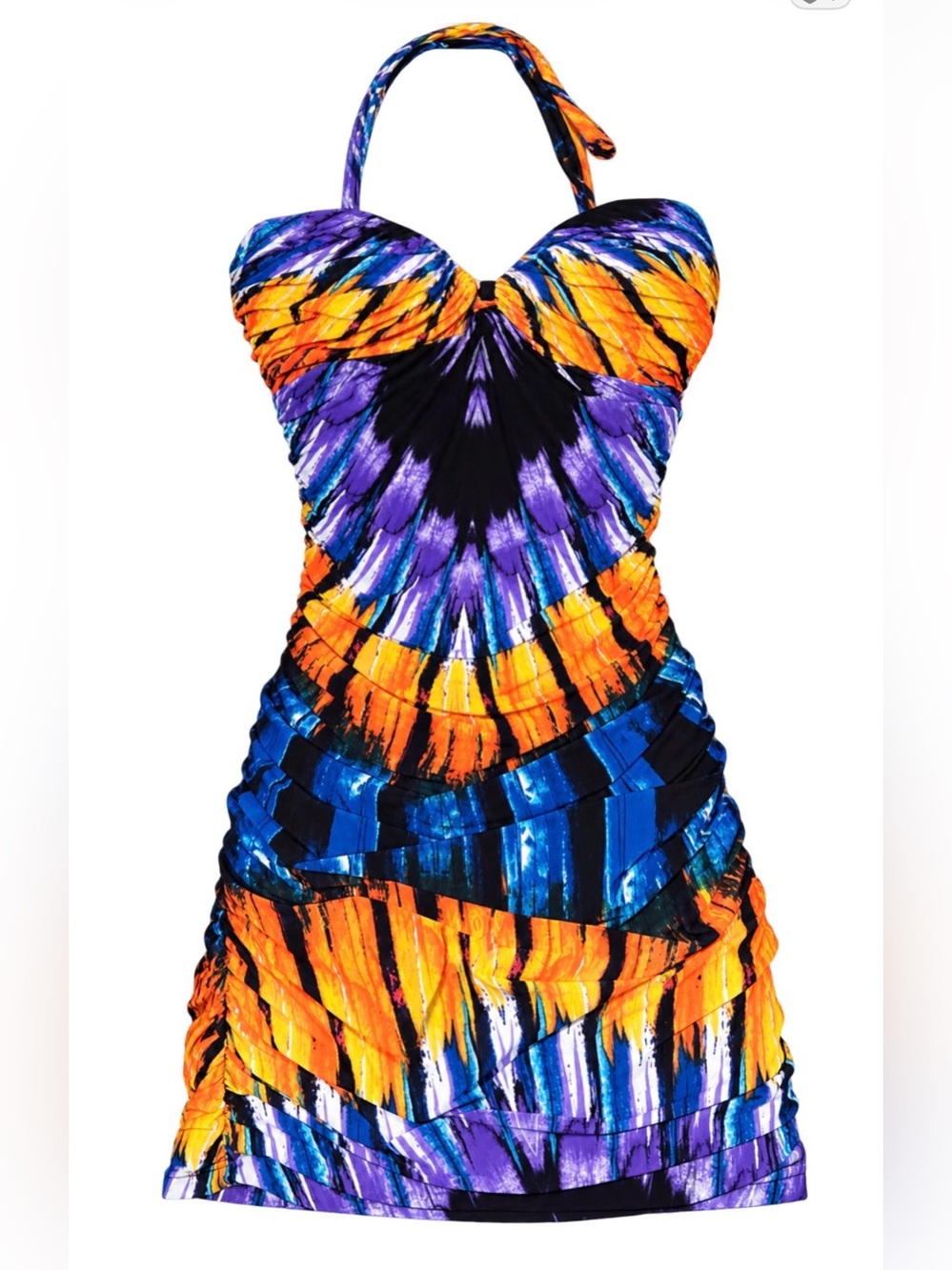 Ruched Halter Mini Dress in Orange, Purple & Blue